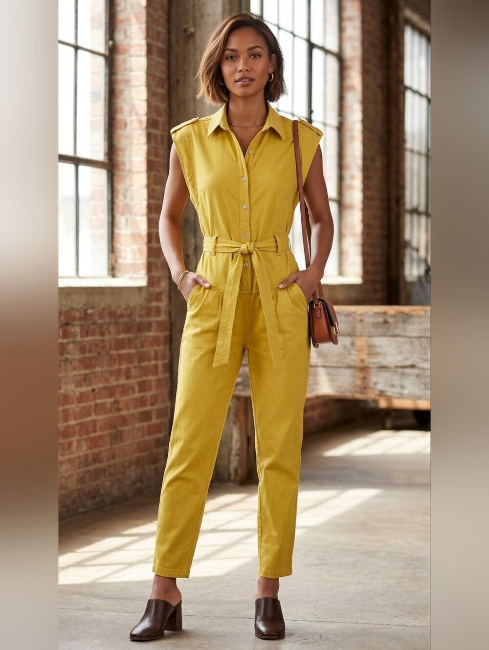 Pastel Sleeveless Utility Jumpsuit in Mustard